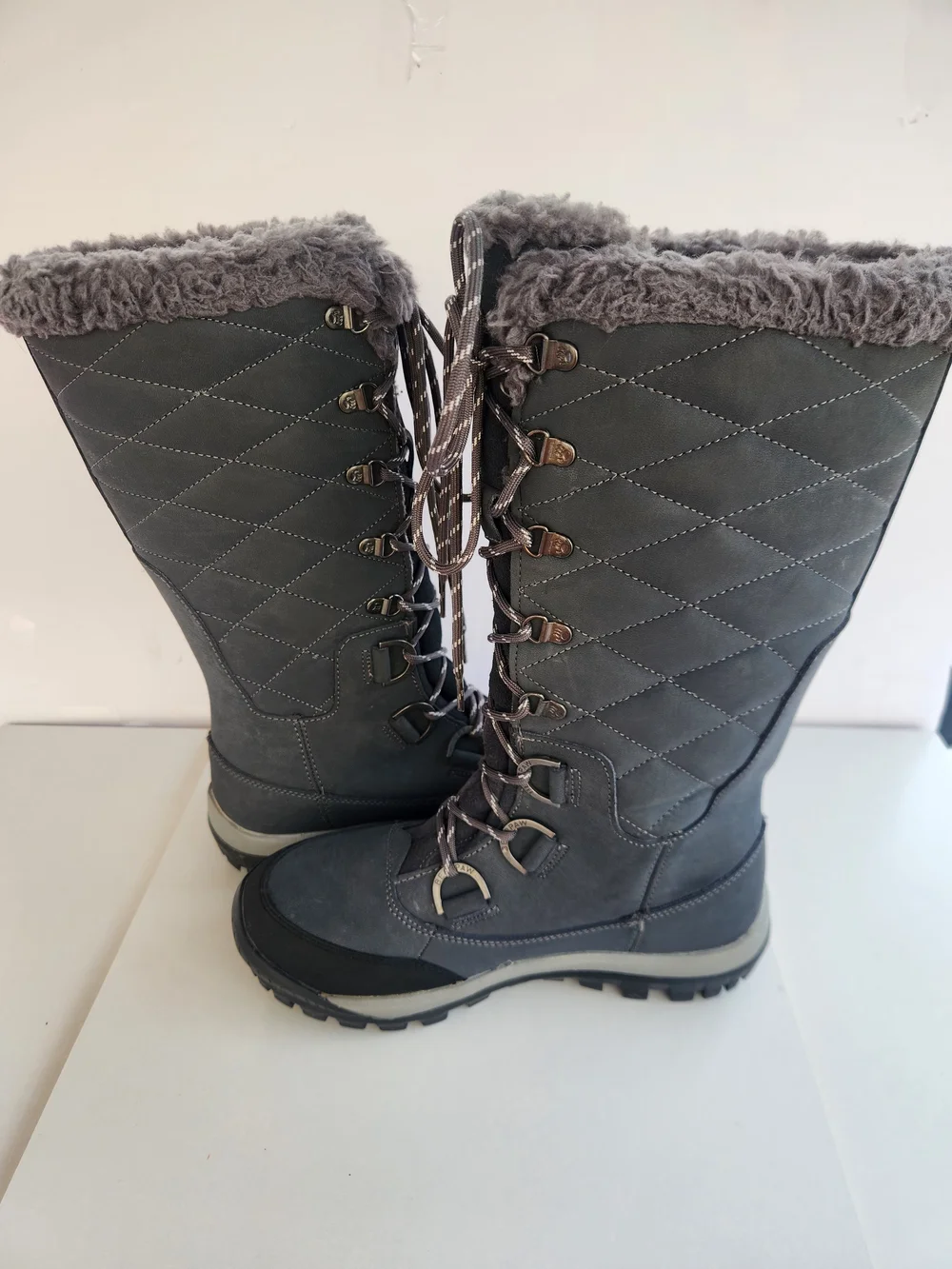 BearPaw Gray Quilted Lace-Up Winter Boots with Faux Fur Collar